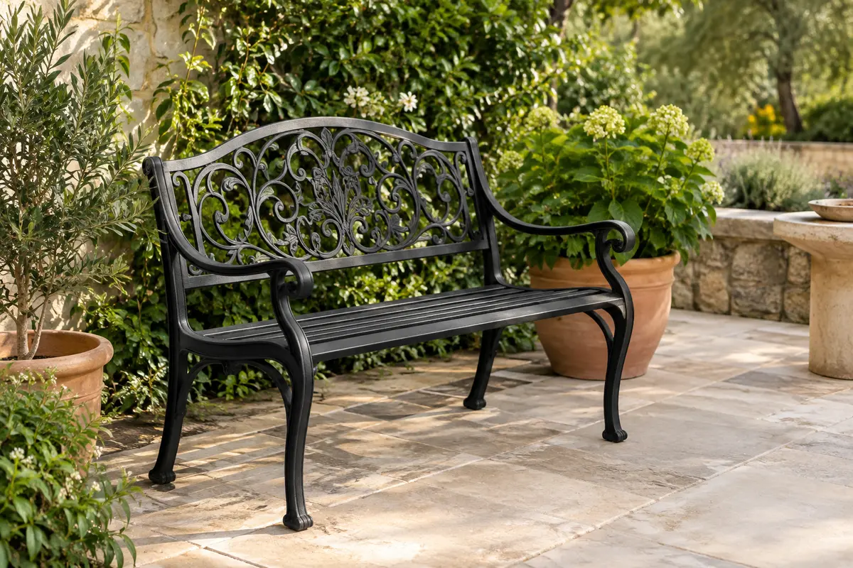 Banc de jardin noir en métal, avec dossier décoratif et assise à lattes, installé sur une terrasse végétalisée.