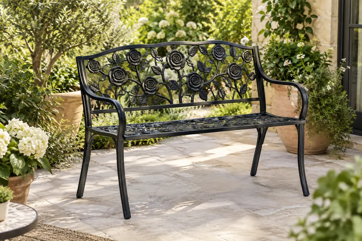 Banc de jardin noir à motifs de roses, avec accoudoirs et pieds inclinés, installé sur une terrasse végétalisée.