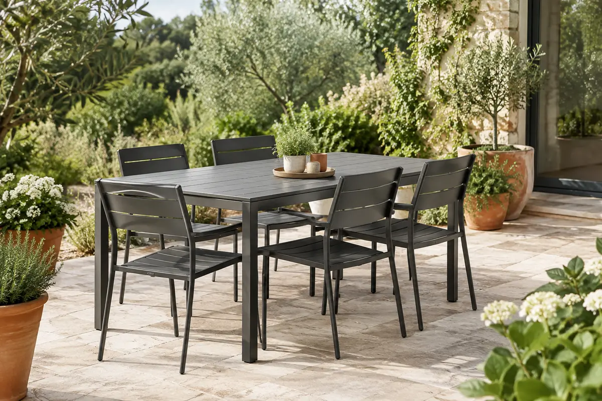 Table de jardin en acier gris foncé entourée de six chaises sur une terrasse végétalisée