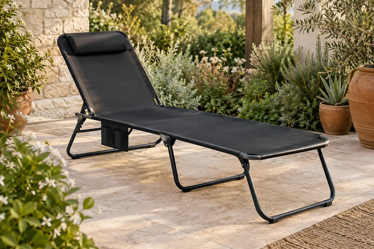 Bain de soleil pliable noir à dossier réglable, appui-tête et poche latérale sur une terrasse végétalisée