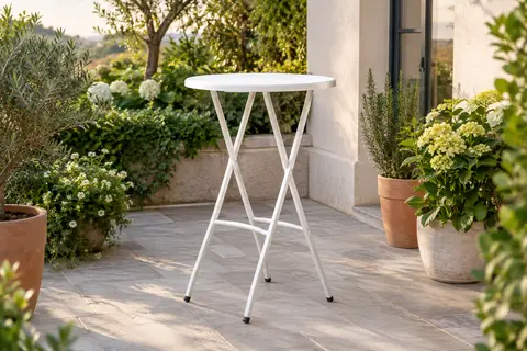 Table mange-debout blanche à plateau rond en résine et structure en acier, installée sur une terrasse végétalisée.