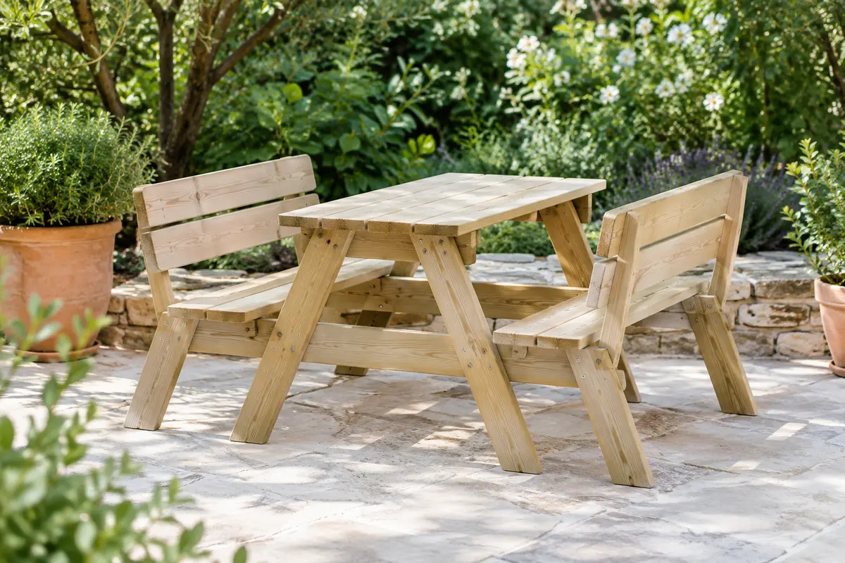 Table pique-nique Pinolino en bois naturel avec deux bancs et dossier, installée dans un jardin verdoyant.