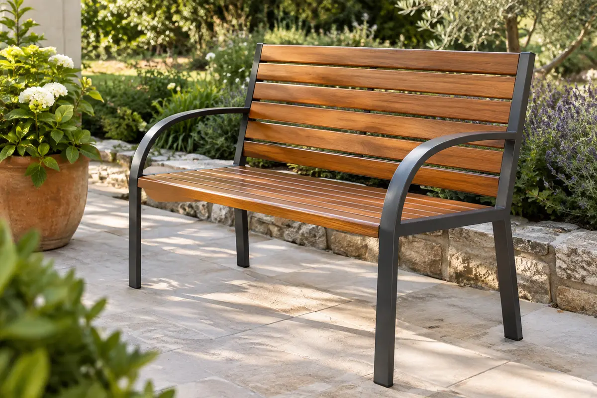 Banc de jardin Practixx à lattes de bois, dossier haut et structure en acier anthracite