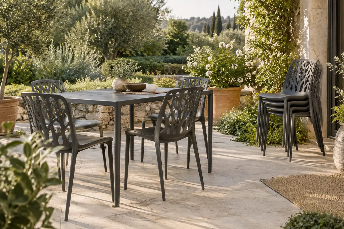 Chaises de jardin anthracite Sole au dossier ajouré, disposées autour d’une table sur une terrasse végétalisée.