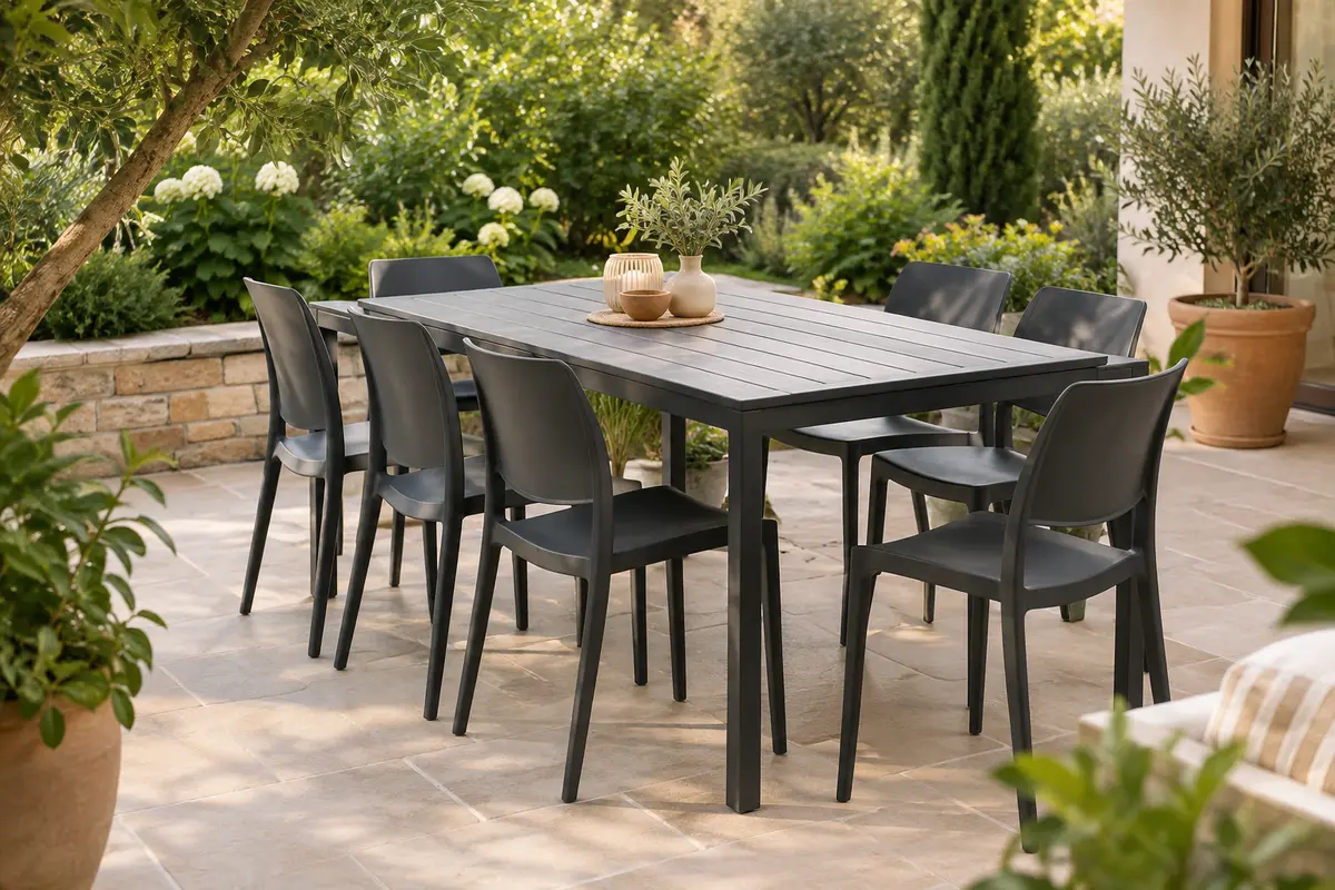 Table de jardin anthracite à plateau effet bois entourée de six chaises empilables sur une terrasse végétalisée