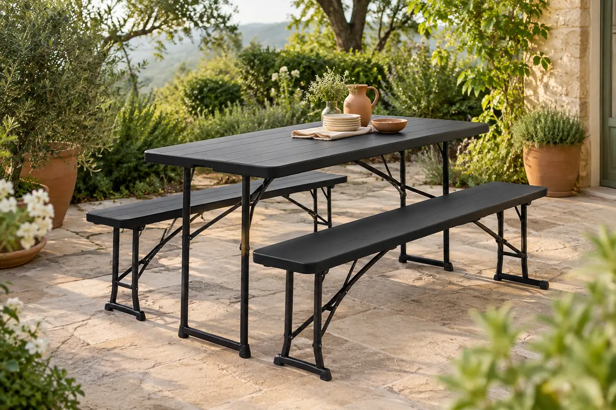 Ensemble pliant noir avec table rectangulaire et deux bancs installé sur une terrasse végétalisée.