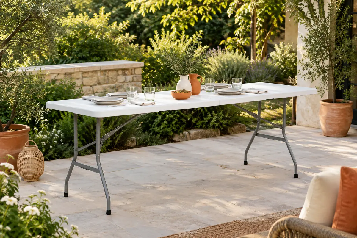 Table pliante blanche de 180 cm installée sur une terrasse végétalisée, avec son piètement en acier visible.