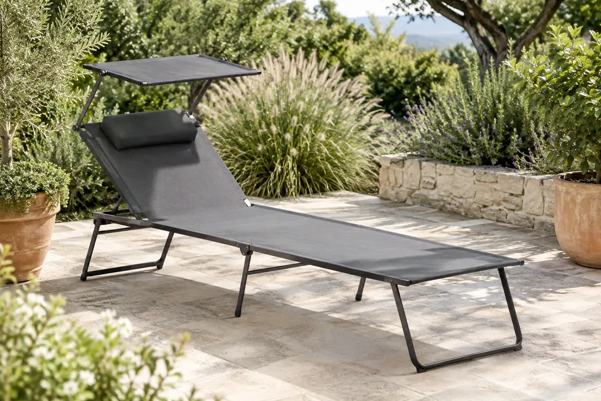 Bain de soleil pliant gris foncé avec dossier réglable et pare-soleil, installé sur une terrasse végétalisée.