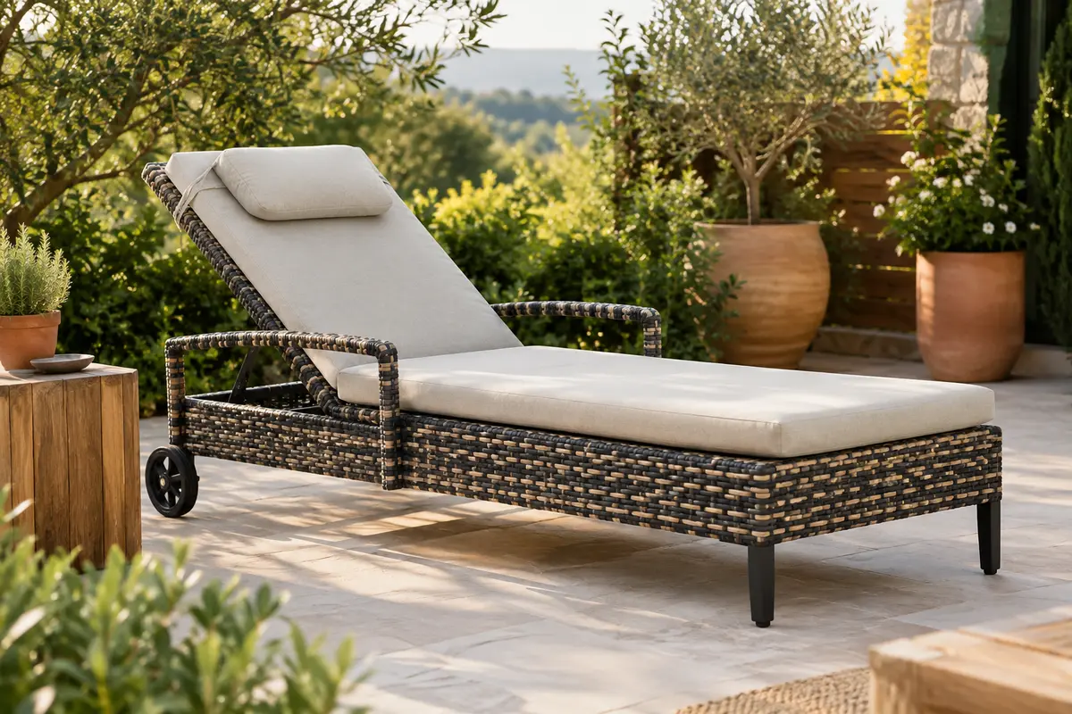 Bain de soleil en résine tressée noire et beige, avec coussin, dossier réglable et roulettes, dans un jardin.