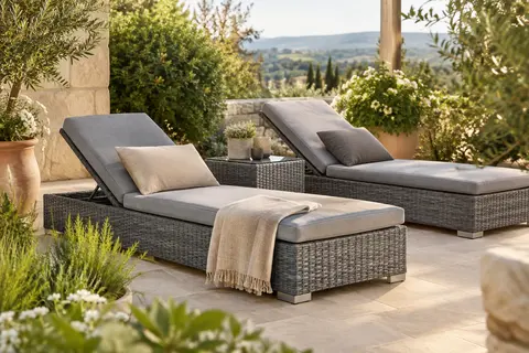 Deux bains de soleil en résine tressée avec matelas, table à rangement et housses beige et grise