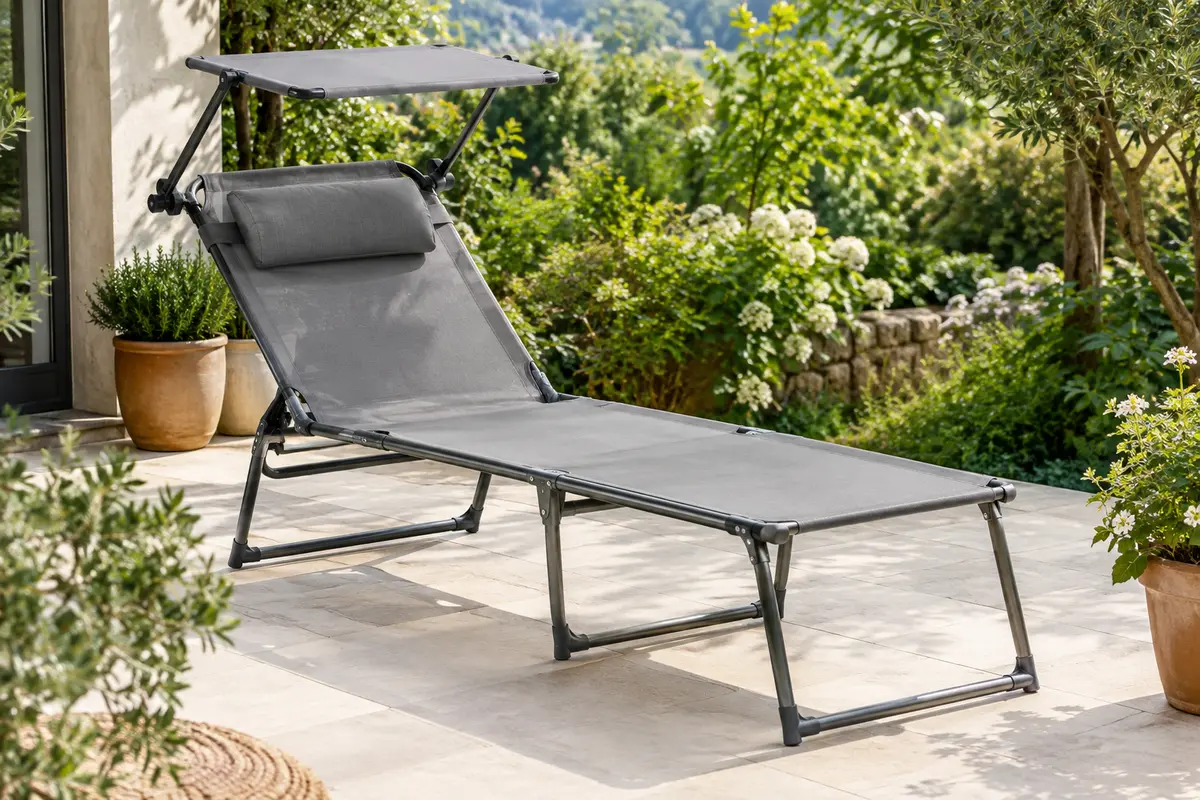 Chaise longue TecTake pliable en toile grise, installée sur une terrasse végétalisée avec pare-soleil relevé.