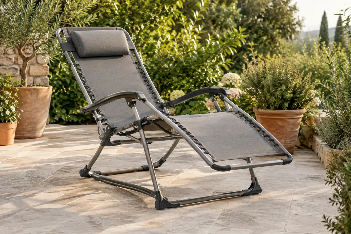 Chaise longue pliante grise à balancelle avec toile respirante et appuie-tête amovible