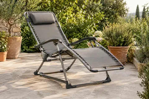 Chaise longue pliante grise à balancelle avec toile respirante et appuie-tête amovible
