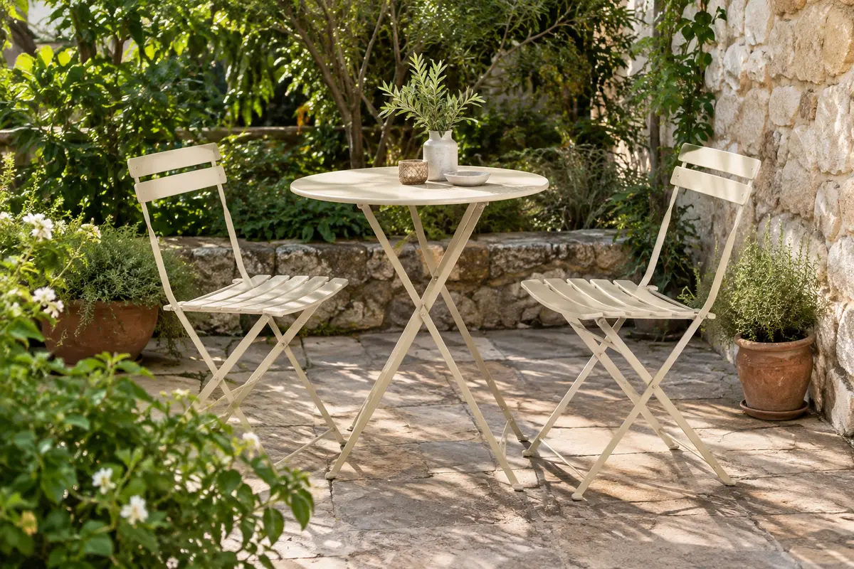 Ensemble bistrot crème en acier avec table ronde et deux chaises pliantes à lattes sur une terrasse végétalisée