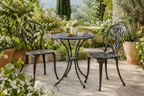 Table ronde et deux chaises de bistrot en métal sombre, aux ornements courbes, sur une terrasse végétalisée.
