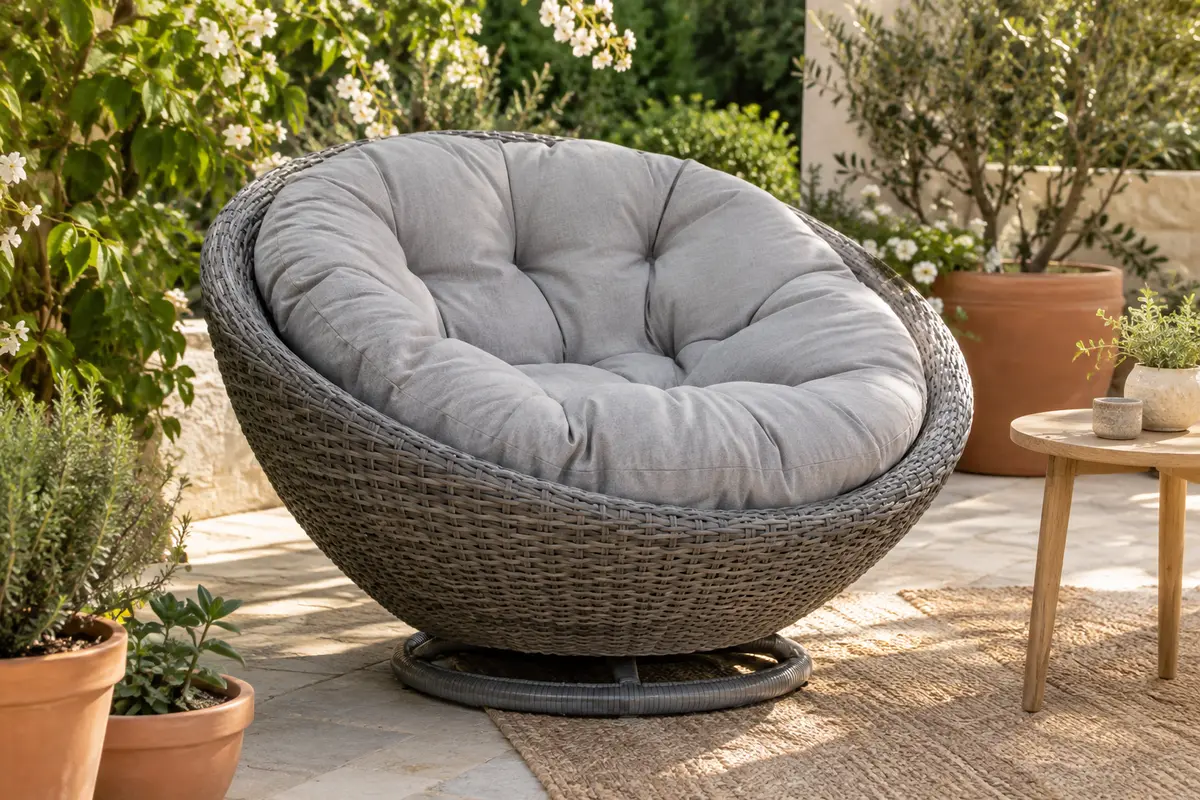 Fauteuil Papasan en polyrotin gris avec coussin rond, installé sur une terrasse entourée de végétation.
