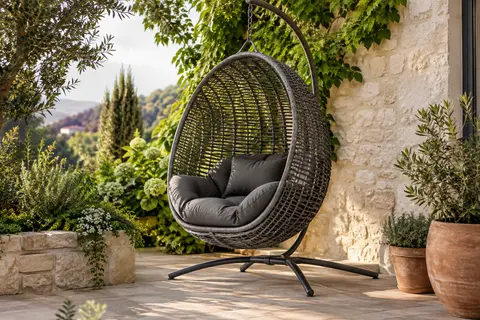 Fauteuil suspendu gris foncé avec coussin épais et structure en acier, installé sur une terrasse végétalisée.