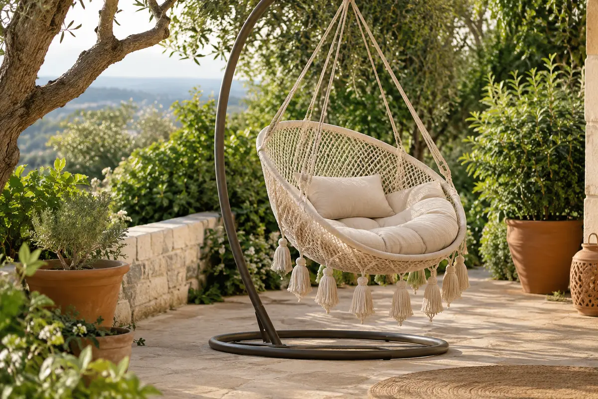 Fauteuil suspendu Grazia beige en tressage de coton, avec coussin moelleux et pompons, installé sur une terrasse végétalisée.