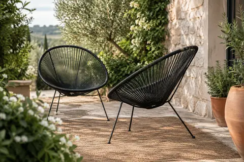 Deux fauteuils Acapulco noirs en cordage ajouré installés sur une terrasse végétalisée.