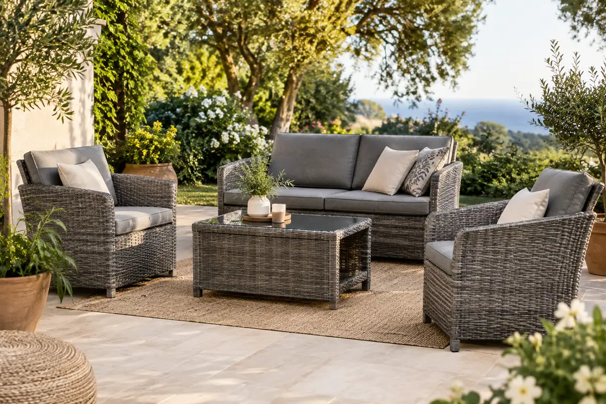 Salon bas gris en résine tressée avec banquette, deux fauteuils garnis de coussins et table à plateau en verre