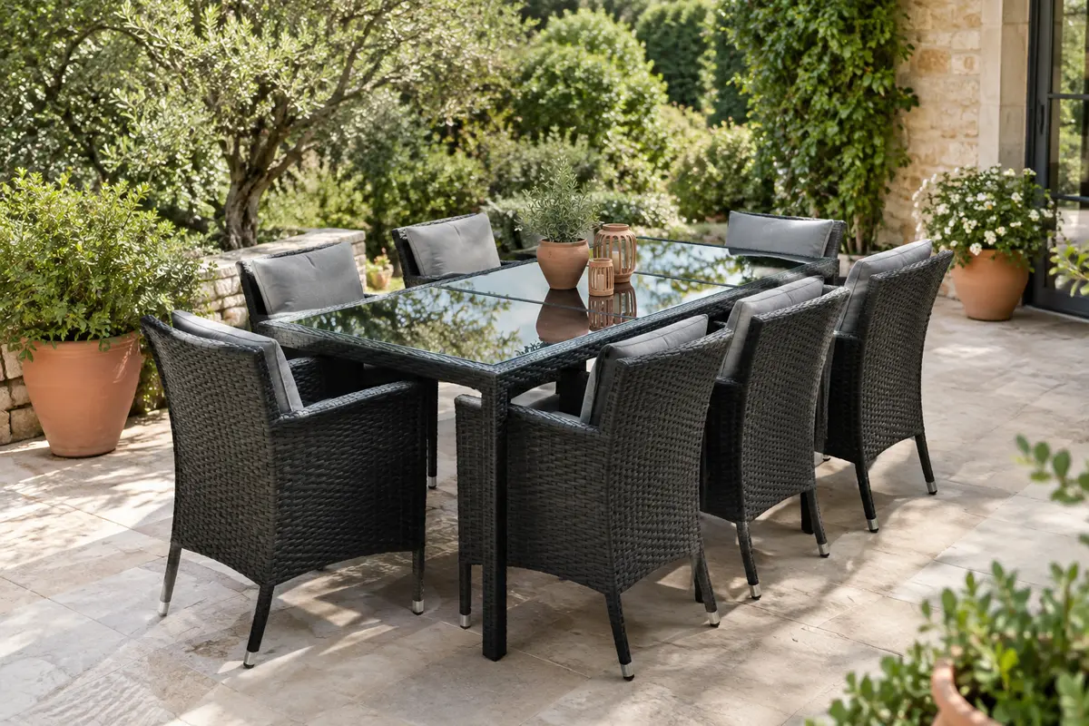 Ensemble de jardin en polyrotin avec table à trois plateaux en verre et huit fauteuils à coussins