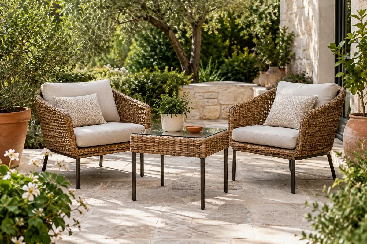 Salon de jardin TecTake en polyrotin marron naturel, avec deux fauteuils rembourrés et une table à plateau en verre.