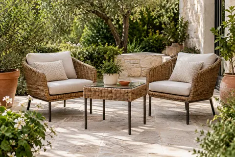 Salon de jardin TecTake en polyrotin marron naturel, avec deux fauteuils rembourrés et une table à plateau en verre.