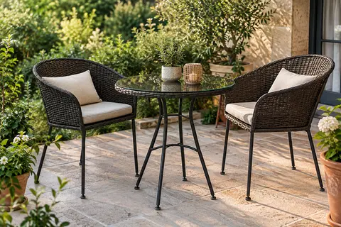 Salon de jardin Granada avec deux chaises tressées, coussins et table à plateau en verre