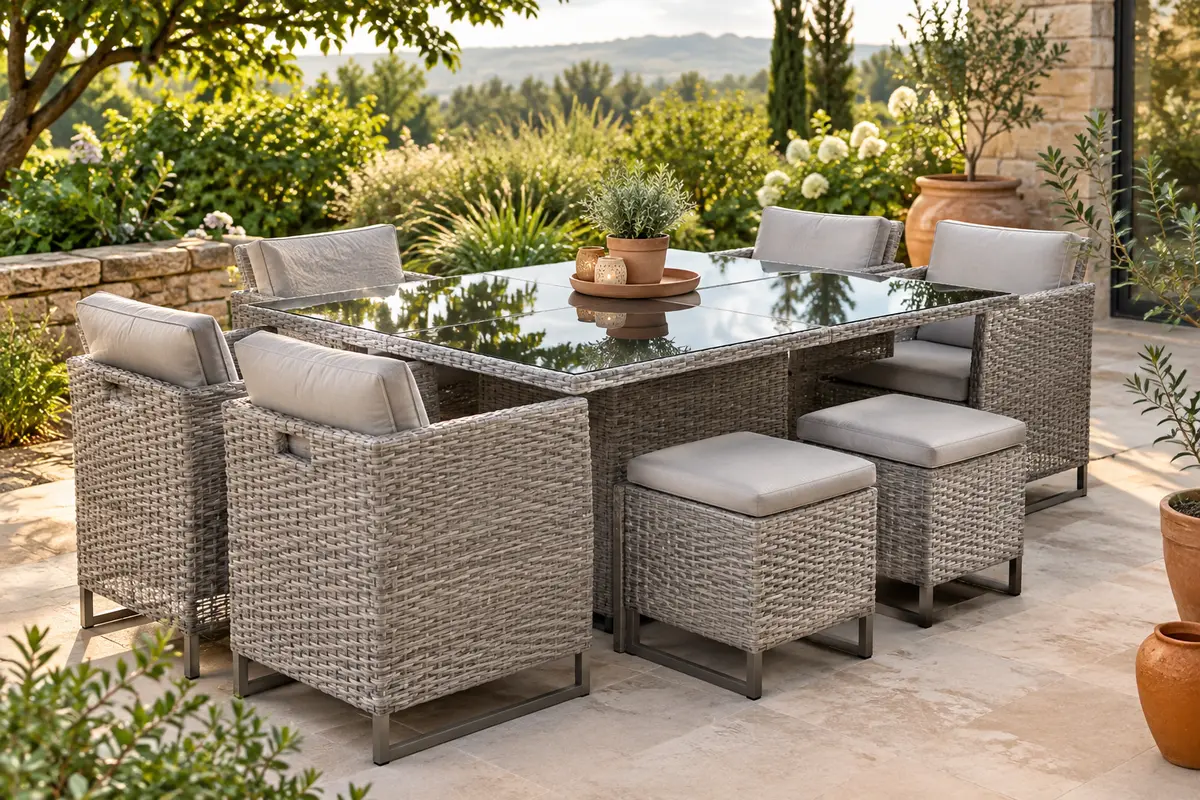 Salon de jardin gris clair en résine tressée avec table en verre, chaises et tabourets sur une terrasse verdoyante.