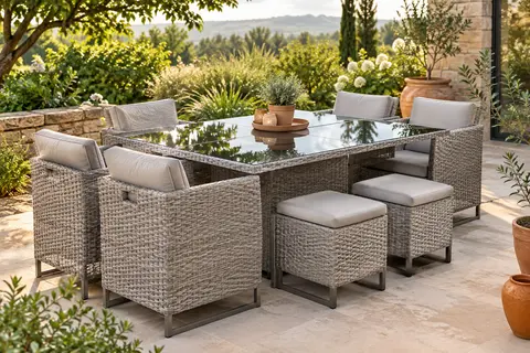 Salon de jardin gris clair en résine tressée avec table en verre, chaises et tabourets sur une terrasse verdoyante.