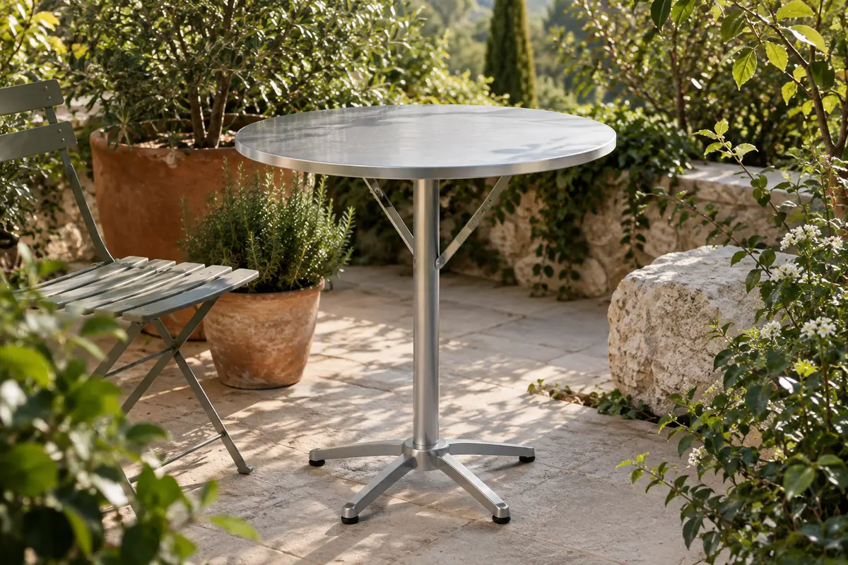 Table de bistrot ronde pliante au plateau argenté, installée sur une terrasse entourée de plantes.