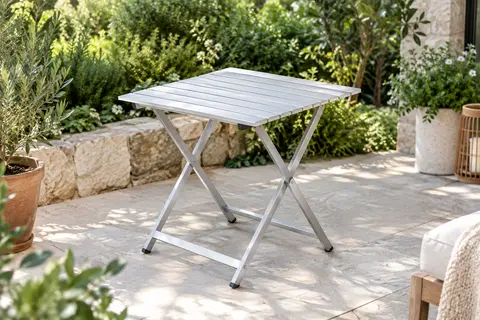 Table pliante carrée en aluminium argenté installée sur une terrasse de jardin végétalisée