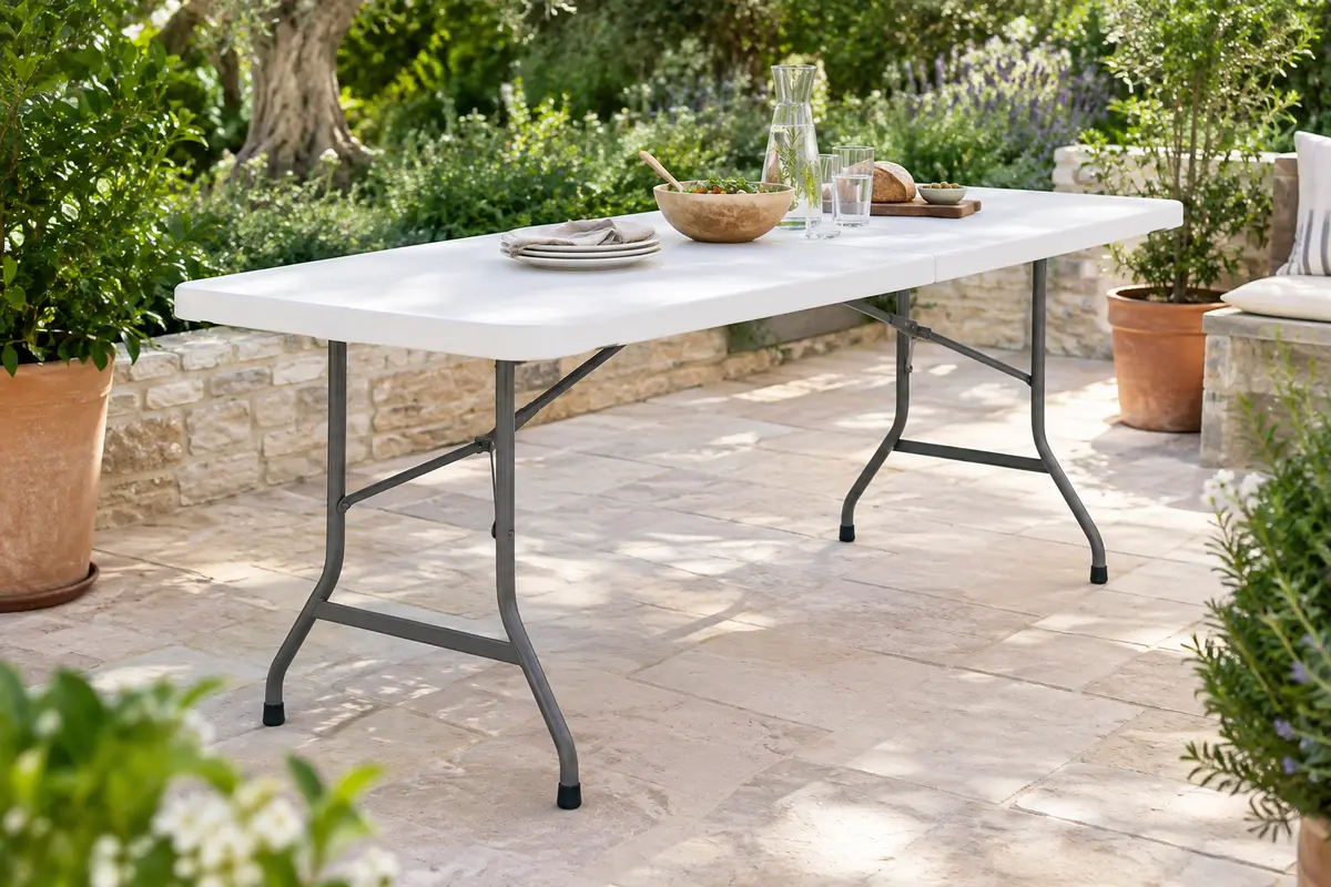 Table de jardin pliante blanche à plateau rectangulaire, installée sur une terrasse végétalisée.