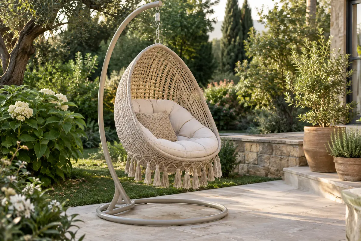 Fauteuil suspendu beige avec coussin épais et franges, installé dans un jardin végétalisé.