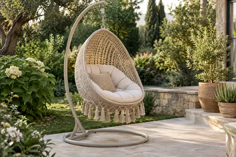 Fauteuil suspendu beige avec coussin épais et franges, installé dans un jardin végétalisé.