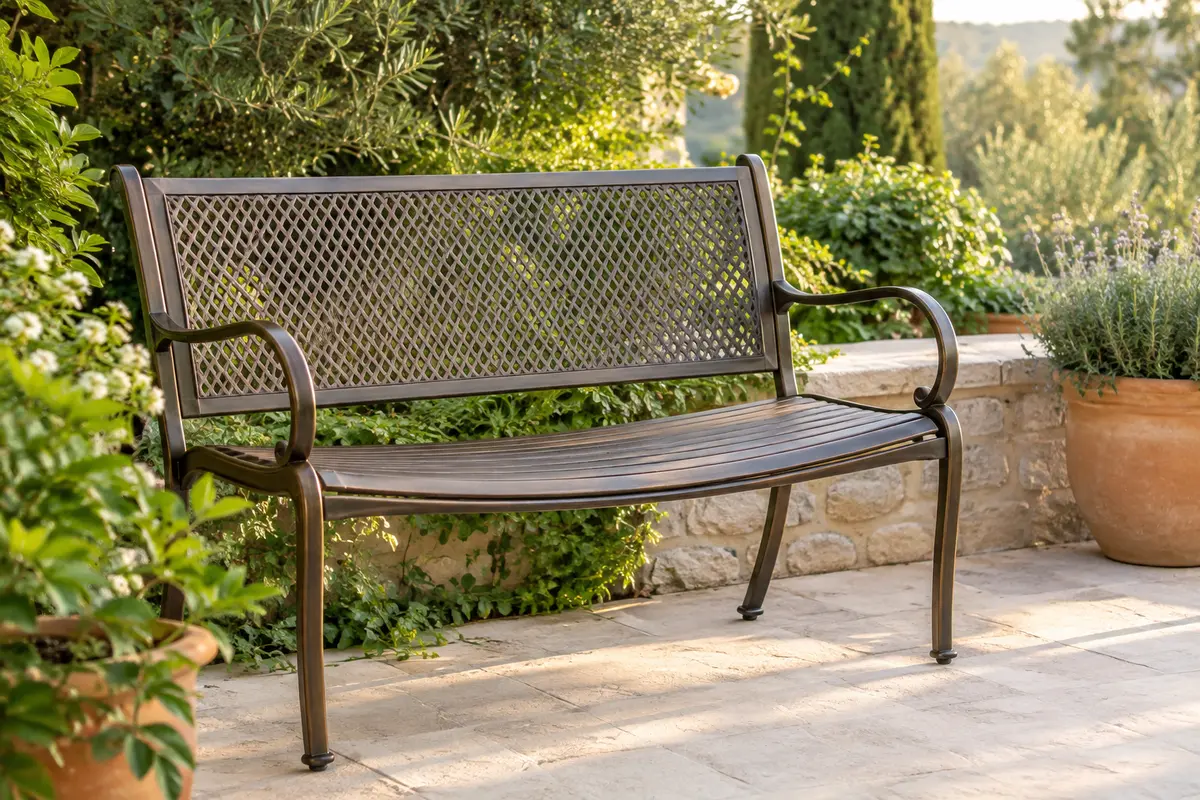 Banc de jardin Vevor à structure métallique, assise incurvée, accoudoirs arrondis et dossier en maille PVC