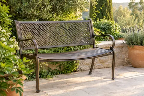 Banc de jardin Vevor à structure métallique, assise incurvée, accoudoirs arrondis et dossier en maille PVC