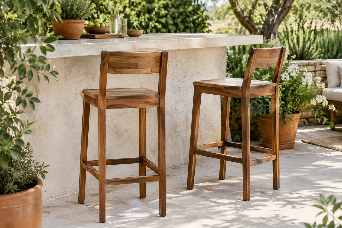 Deux tabourets hauts en acacia avec dossier et repose-pieds, installés sur une terrasse végétalisée