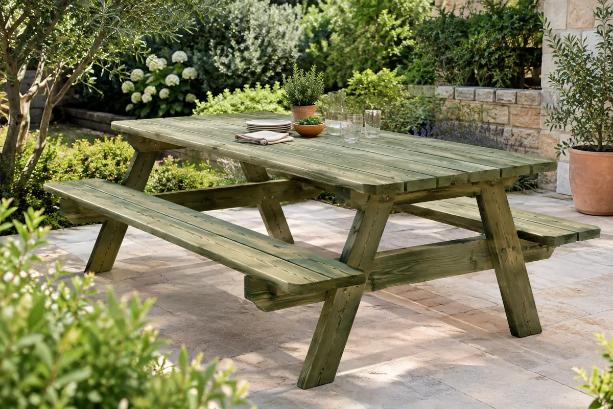 Table de pique-nique en pin imprégné vert avec grand plateau et deux bancs dans un jardin