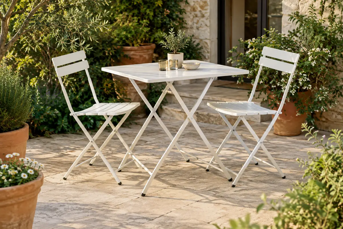Ensemble bistrot pliant blanc avec table compacte et deux chaises à dossier sur une terrasse végétalisée.