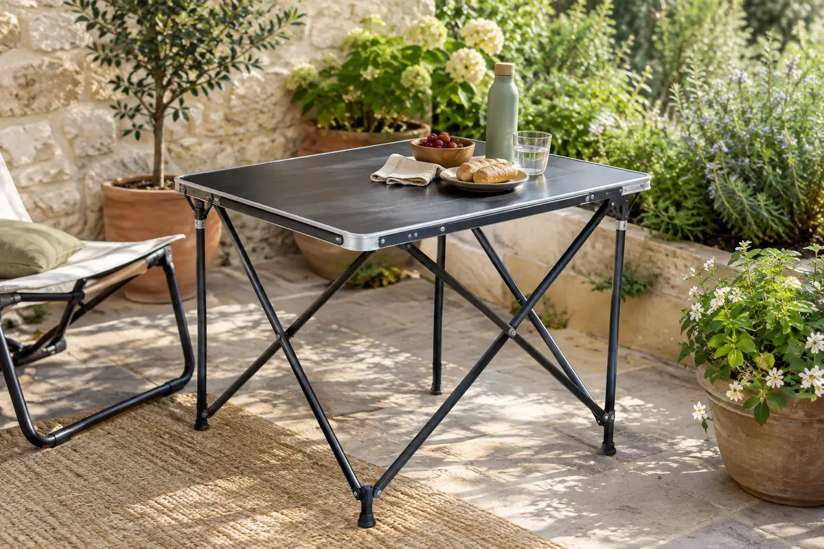 Table de camping pliante noire à piètement métallique, installée sur une terrasse entourée de plantes.