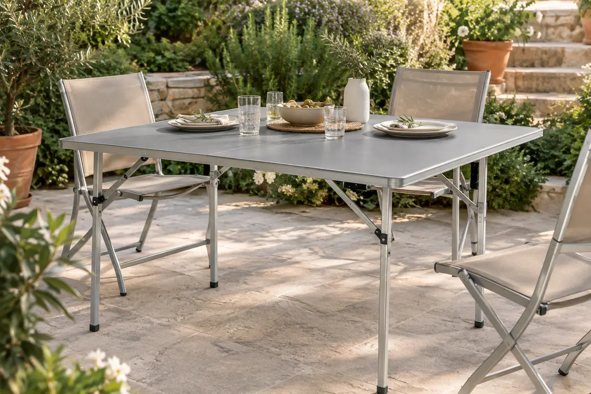 Table pliante grise de jardin avec plateau rectangulaire, pieds en aluminium et renforts visibles sur une terrasse