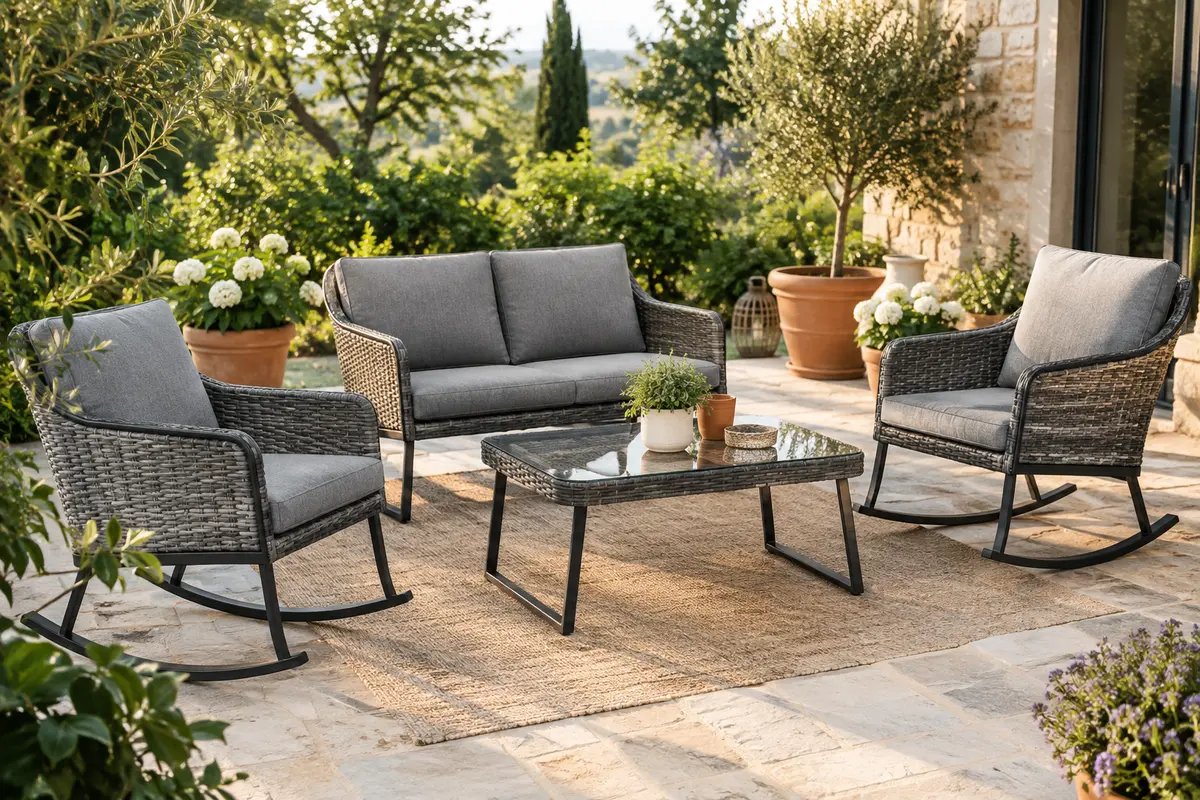 Salon de jardin gris en résine tressée avec fauteuil double, deux fauteuils à bascule et table en verre
