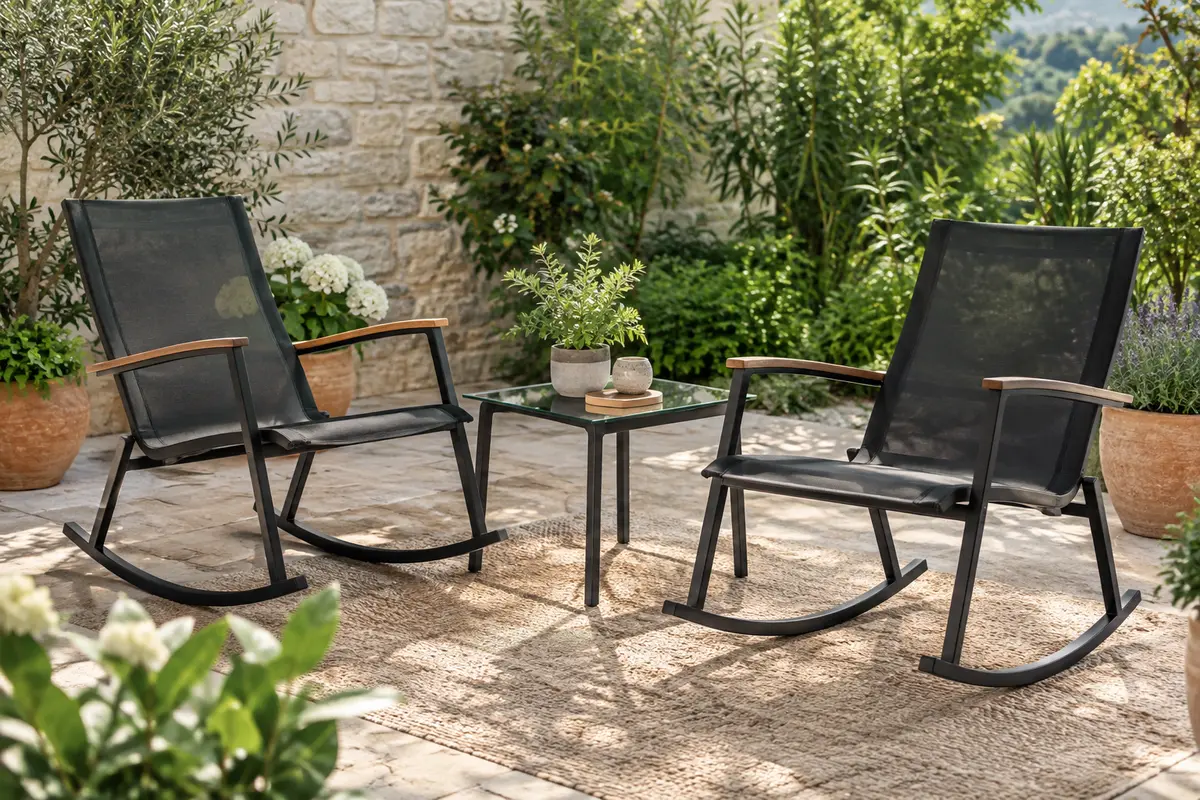 Ensemble de jardin noir avec deux fauteuils à bascule en textilène et une table basse en verre
