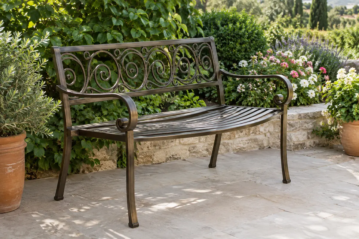 Banc de jardin en métal bronze à dossier orné, installé sur une terrasse entourée de végétation