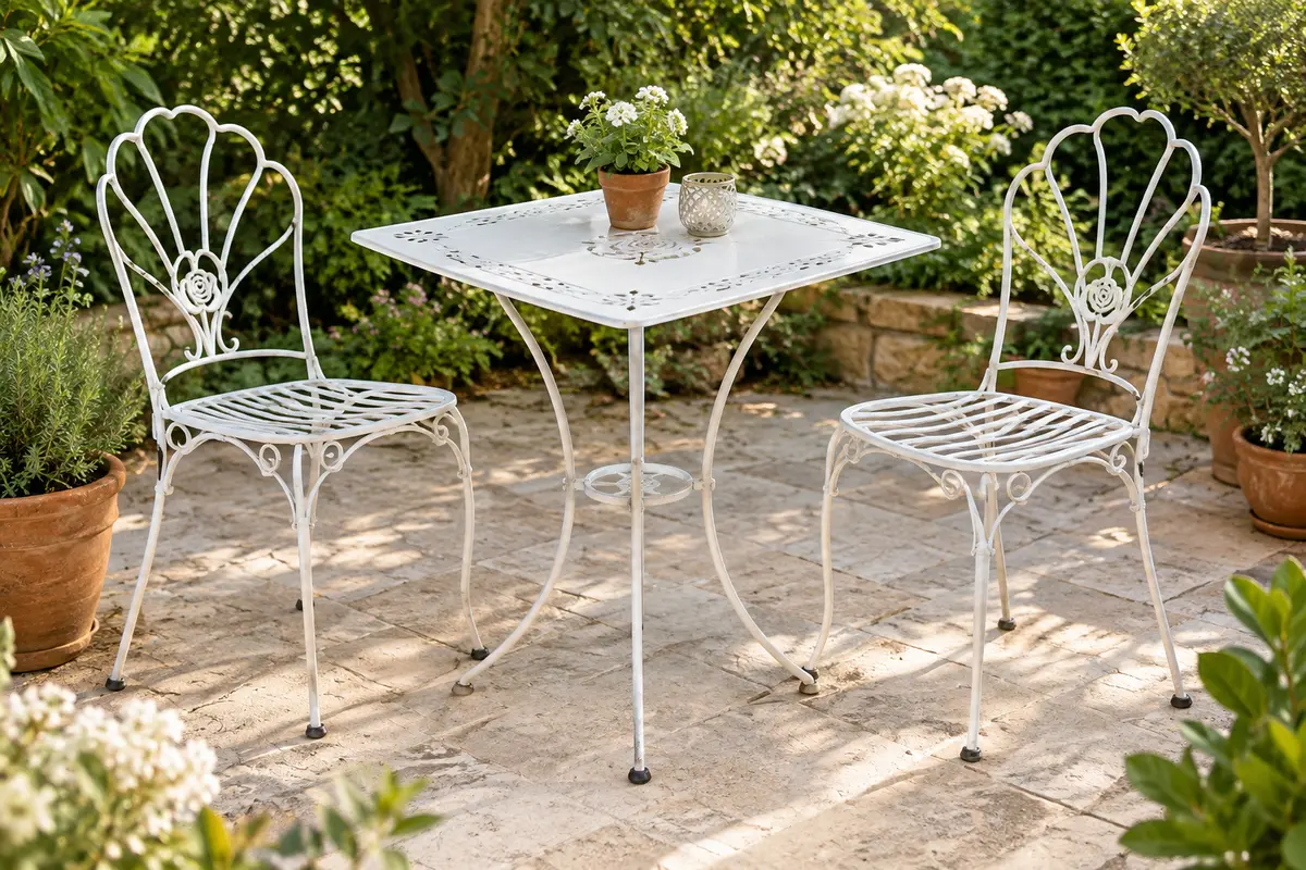 Ensemble bistrot blanc en métal avec motifs floraux, table carrée et deux chaises sur une terrasse végétalisée.