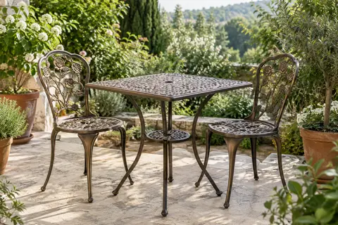 Ensemble bistrot Yaheetech en aluminium bronze, avec table carrée et deux chaises à motifs floraux