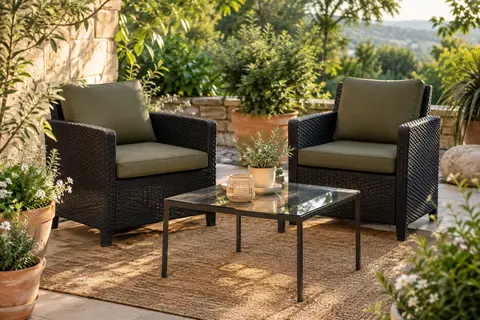 Deux fauteuils en polyrotin noir avec coussins kaki autour d’une table basse en verre sur une terrasse