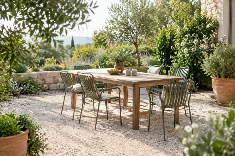 Table et chaises de jardin disposées dans un coin repas entouré de végétation