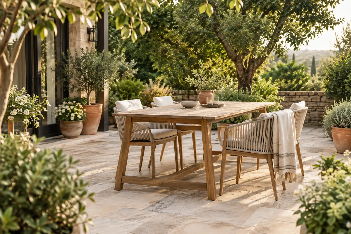Table de jardin en bois et chaises sobres sur une terrasse bordée de végétation